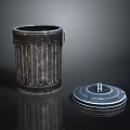 Metal Trash Can With Striped Design And Silver Lid With Handle On Dark Background