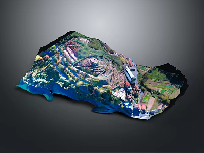 Vibrant Scenic 3D Terrain Model With Green Hills Blue Water And Detailed Structures 3d model