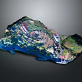 Vibrant Scenic 3D Terrain Model With Green Hills Blue Water And Detailed Structures