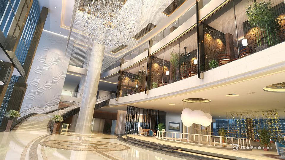 Hotel Lobby Double Height Space With Crystal Chandelier Glass Railings Marble Flooring And Green Plants 3d model 