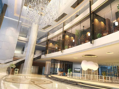 Hotel Lobby Double Height Space With Crystal Chandelier Glass Railings Marble Flooring And Green Plants 3d model