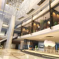 Hotel Lobby Double Height Space With Crystal Chandelier Glass Railings Marble Flooring And Green Plants