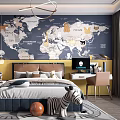 Kids Room With World Map Wall Bed Desk Zebra Toy Bookshelf And Blue Yellow Walls