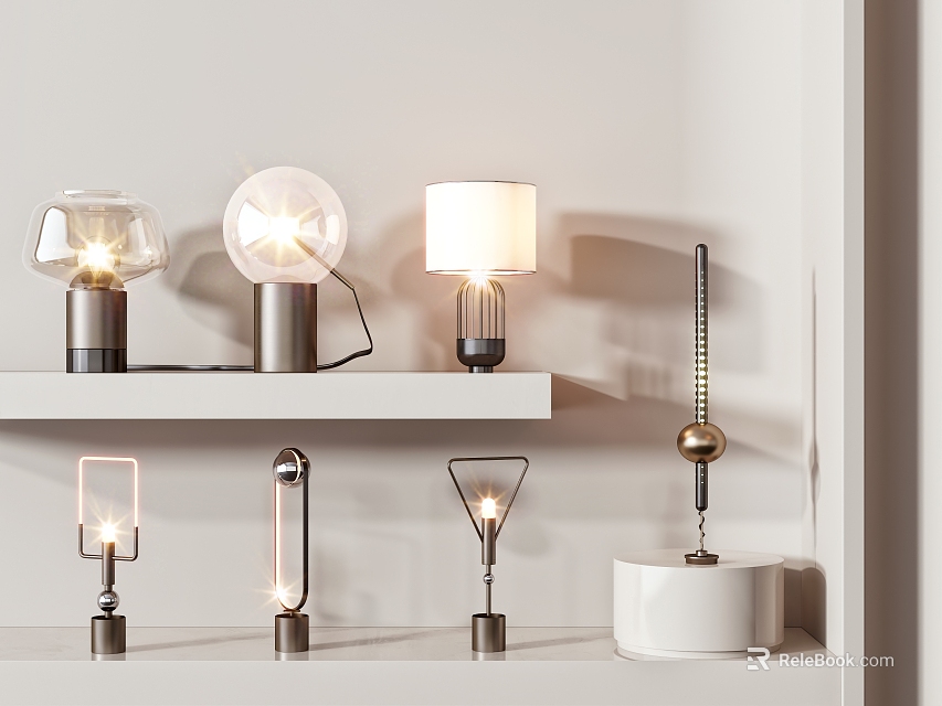 Modern Table Lamps With Various Designs On White Shelves And Metal Bases 3d model 