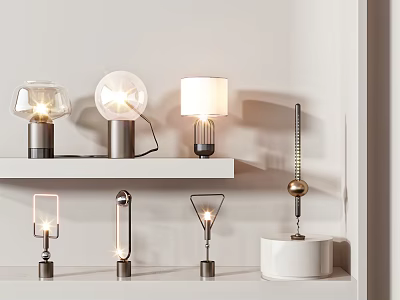 Modern Table Lamps With Various Designs On White Shelves And Metal Bases 3d model