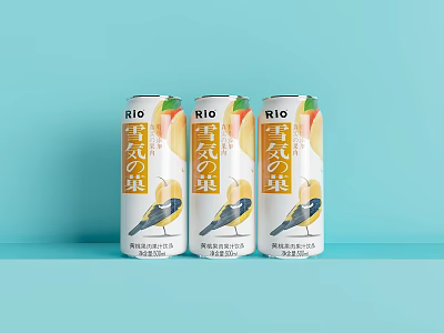 RIO Snowy Fruit Flavored Canned Beverage Three Cans on Light Blue Background 3d model