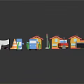 Cartoon Scene With Colorful Houses Blue Trucks Red Boat And Traffic Cones