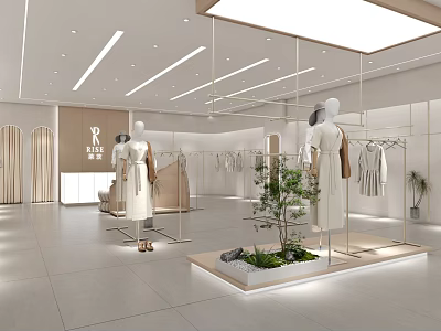 Modern Clothing Store Interior Design With Mannequins Clothing Racks And Decorative Plants 3d model