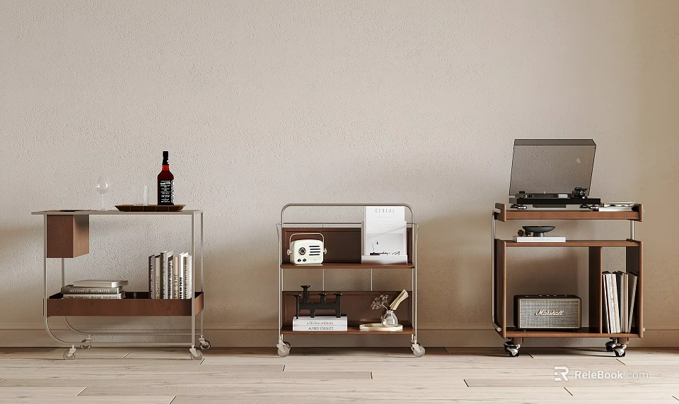Modern Side Tables with Wooden Tops Metal Frames Books Wine Bottle Radio and Record Player 3d model 