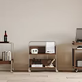 Modern Side Tables with Wooden Tops Metal Frames Books Wine Bottle Radio and Record Player