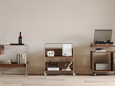 Modern Side Tables with Wooden Tops Metal Frames Books Wine Bottle Radio and Record Player 3d model