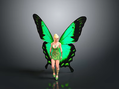 Green Winged Butterfly Fairy With Golden Hair And Elegant Green Outfit 3d model