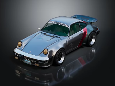 Silver Retro Sports Car With Large Rear Wing Red White Stripes And Round Headlights 3d model