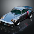 Silver Retro Sports Car With Large Rear Wing Red White Stripes And Round Headlights