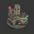 Miniature Architectural Model Featuring Multi Story Buildings Greenery Water Surroundings And Diverse Roofs