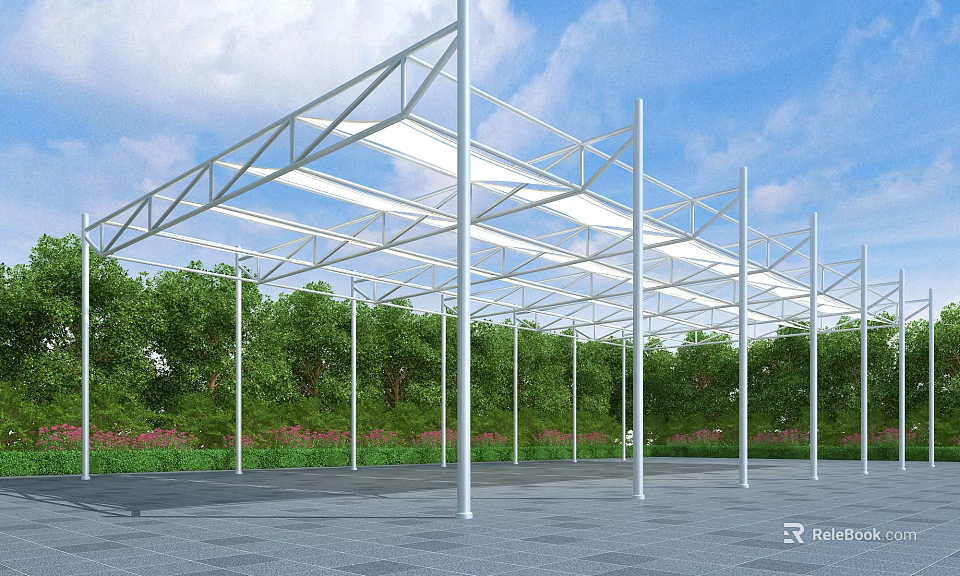 White Metal Frame Pergola with Transparent Roof in Green Garden and Blue Sky 3d model 