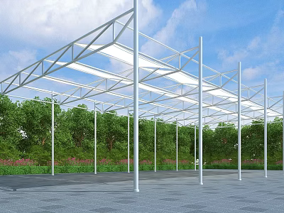 White Metal Frame Pergola with Transparent Roof in Green Garden and Blue Sky 3d model