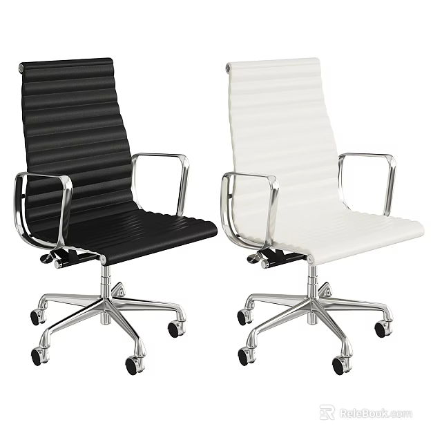 Modern Office Chair with Black White Leather Ribbed Design Chrome Metal Frame and Swivel Wheels 3d model 
