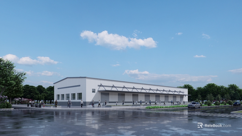 Modern Industrial Warehouse Exterior With Sloped Metal Roof Parking Area And Surrounding Greenery 3d model 