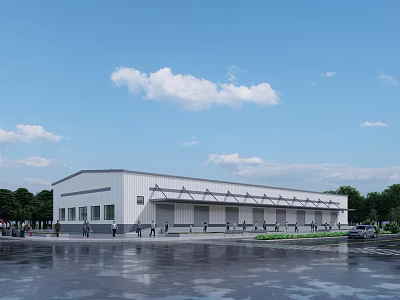 Modern Industrial Warehouse Exterior With Sloped Metal Roof Parking Area And Surrounding Greenery 3d model