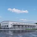 Modern Industrial Warehouse Exterior With Sloped Metal Roof Parking Area And Surrounding Greenery