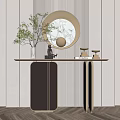Modern Console Table With Circular Mirror Green Plant And Striped Wall Background 3d model