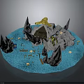 Igloo With Yellow Roof Rocky Peaks Blue Water And Floating Debris