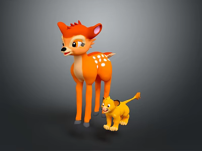 Cute Cartoon Orange Deer With White Spots And Yellow Baby Lion Together 3d model