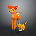 Cute Cartoon Orange Deer With White Spots And Yellow Baby Lion Together