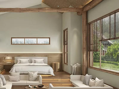 Rustic Modern Hotel Room With Wooden Beams Large Windows And Cozy Sofas 3d model