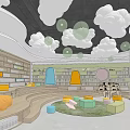 Modern Kindergarten Interior With Cloud Ceiling Decor Colorful Seats Bookshelves Round Carpet And Windows