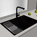Black Double Basin Kitchen Sink With Drainer Rack Faucet Green Apples And Window Blinds