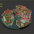 Cartoon Scene of Colorful Canal Town with Orange Roofs Balconies and Small Boats