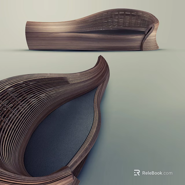 Modern Wooden Chaise Lounge With Curved Structure And Dark Fabric Cushion 3d model 