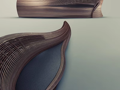 Modern Wooden Chaise Lounge With Curved Structure And Dark Fabric Cushion 3d model
