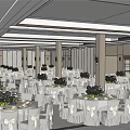 Elegant Banquet Hall Interior With Decorated Tables Chairs Floral Arrangements And Ceiling Lights