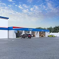 Auto 4S Shop Exterior With Blue White Red Building And Parked Cars At Entrance