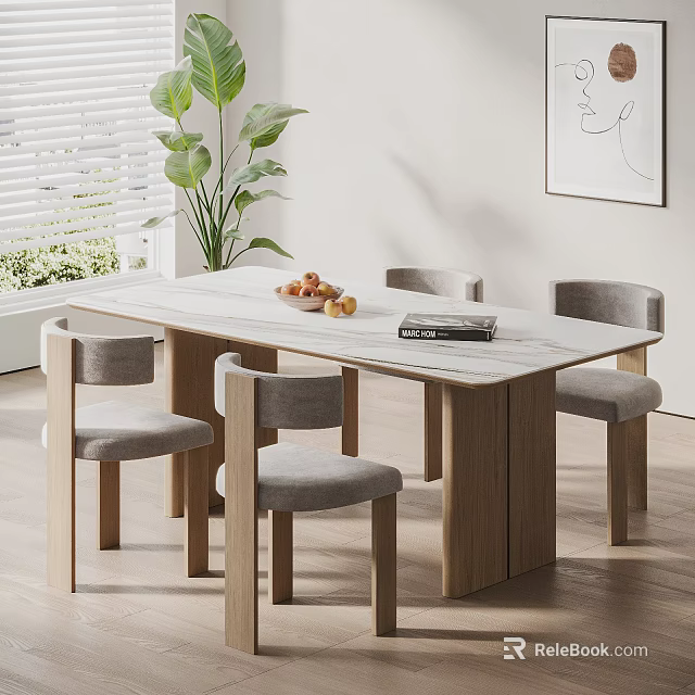 Modern Dining Table And Chairs Set With White Tabletop Wooden Legs Gray Chairs Green Plant 3d model 