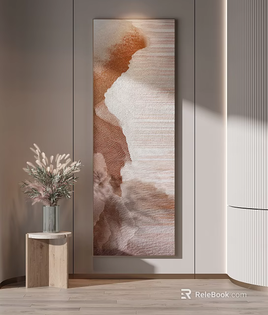Abstract Brown Beige Painting With Dried Grass Vase On Side Table Modern Interior 3d model 