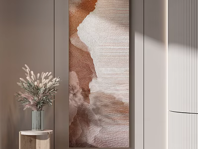 Abstract Brown Beige Painting With Dried Grass Vase On Side Table Modern Interior 3d model