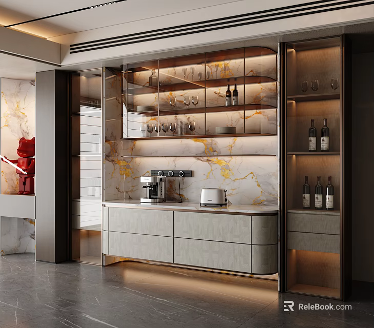 Modern Wine Cabinet Interior With Glass Doors Marble Backsplash Lighting And Wine Bottles 3d model 