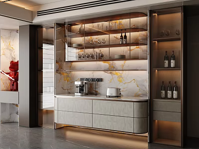 Modern Wine Cabinet Interior With Glass Doors Marble Backsplash Lighting And Wine Bottles 3d model