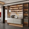 Modern Wine Cabinet Interior With Glass Doors Marble Backsplash Lighting And Wine Bottles