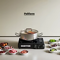 Fresh Food Ingredients For Electric Hot Pot Cooking With Meat Vegetables And Fruits