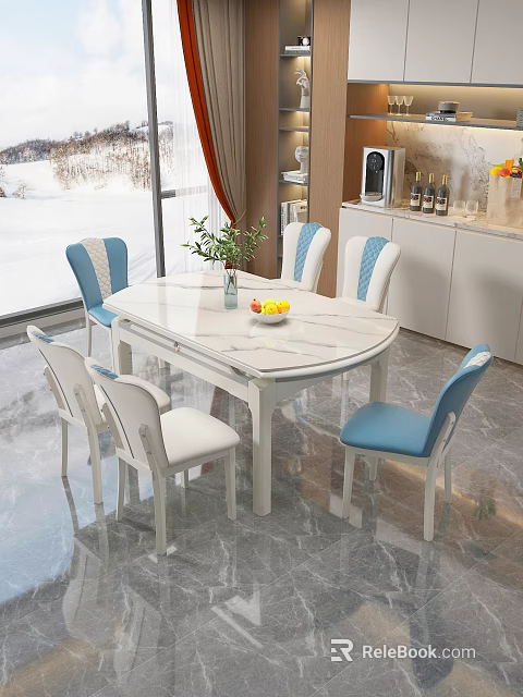 Elegant White Dining Table Set With Six Blue White Chairs And Fruit Vase 3d model