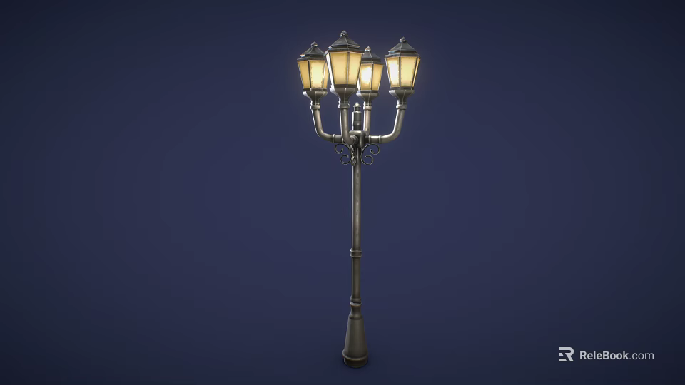 Vintage Outdoor Street Lamp with Metal Pole and Multiple Glass Lanterns 3d model 