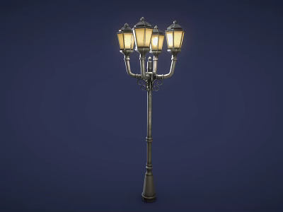 Vintage Outdoor Street Lamp with Metal Pole and Multiple Glass Lanterns 3d model