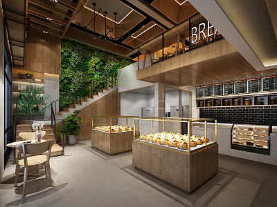 Cozy Dessert Shop Interior With Wooden Structure Green Plant Wall And Bread Display Cases 3d model