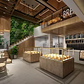 Cozy Dessert Shop Interior With Wooden Structure Green Plant Wall And Bread Display Cases