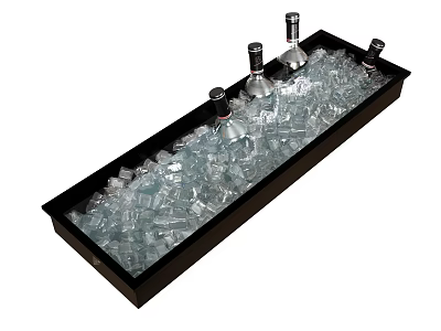 Elegant Black Rectangular Container Filled with Transparent Ice and Wine Bottles with Silver Caps 3d model